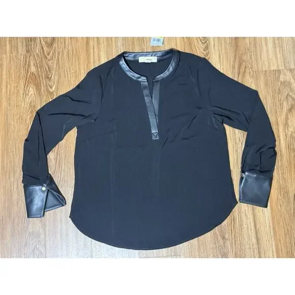 Michael Kors Black Blouse Faux Leather Neckline & Button Cuffs - Women's M - Picture 1 of 7